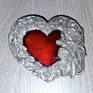 Vintage 1995 Siskiyou Silver Roses Red Heart Belt Buckle Western Cowgirl Retro
